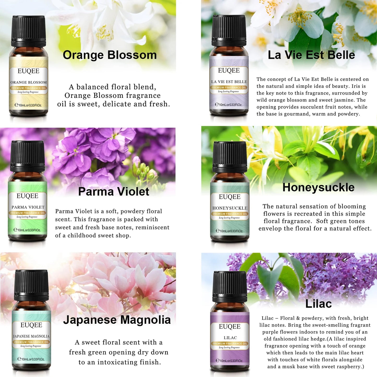 6 PCS*10ML  Floral Fragrance Essential Oils Gift Set  - La Vie Est Belle,Orange Blossom,Japanese Magnolia,Lilac,Parma Violet,Honeysuckle Fragrant garden