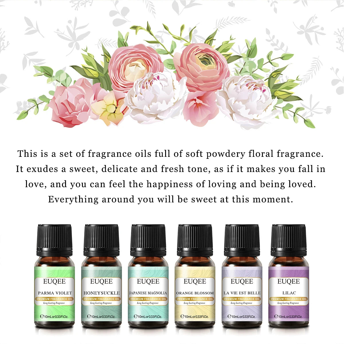 6 PCS*10ML  Floral Fragrance Essential Oils Gift Set  - La Vie Est Belle,Orange Blossom,Japanese Magnolia,Lilac,Parma Violet,Honeysuckle Fragrant garden