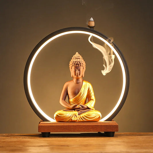 Ceramic Backflow Incense Burner Holder Sakyamuni Buddha Statue LED Lamp Fragrance Zen Ornament Fragrant garden